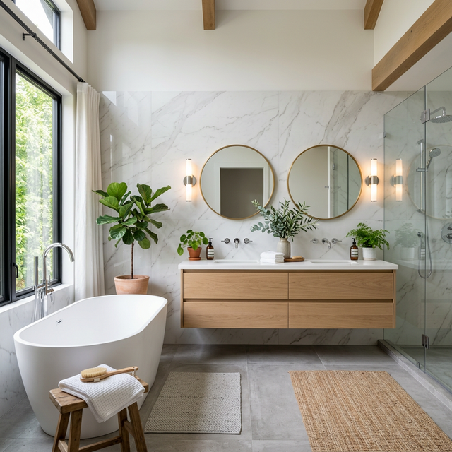 Baño de lujo reformado con bañera exenta y doble lavabo en Alicante