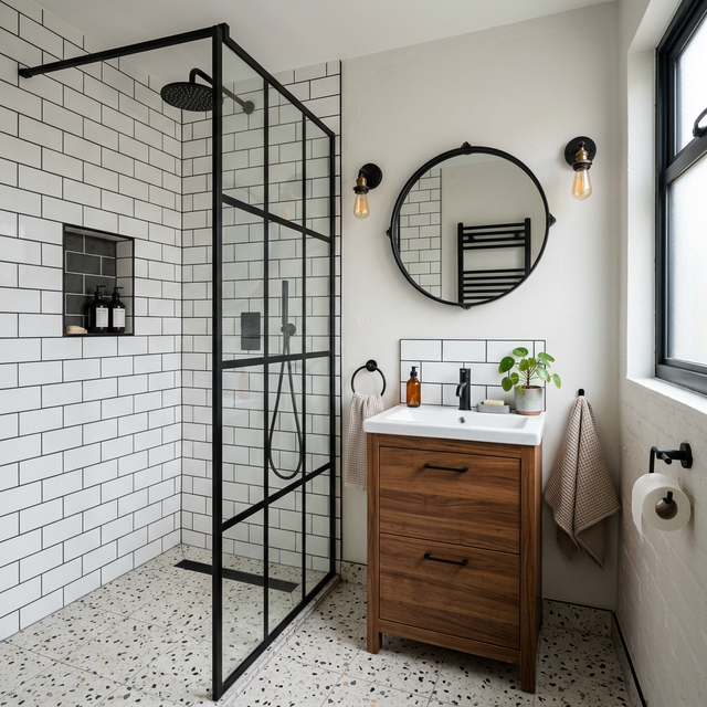 Baño reformado estilo industrial con azulejo metro y mueble de madera