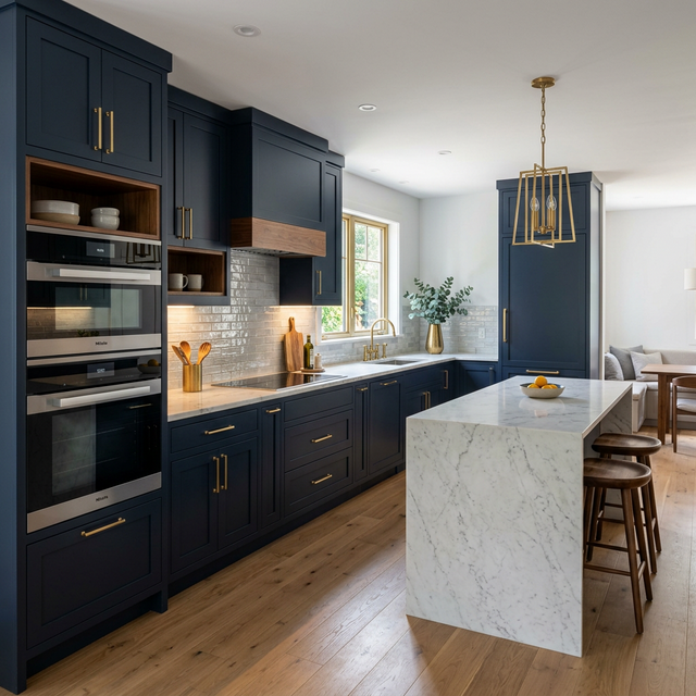 Cocina azul marino con encimera de mármol reformada en Alicante