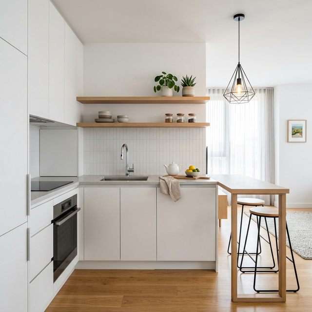 Cocina minimalista blanca reformada en Alicante