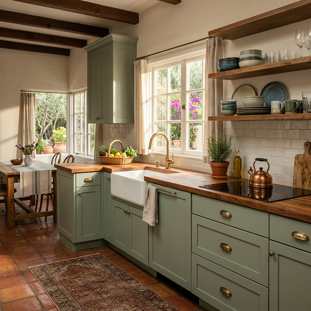 Cocina estilo mediterráneo con muebles verdes reformada en Alicante