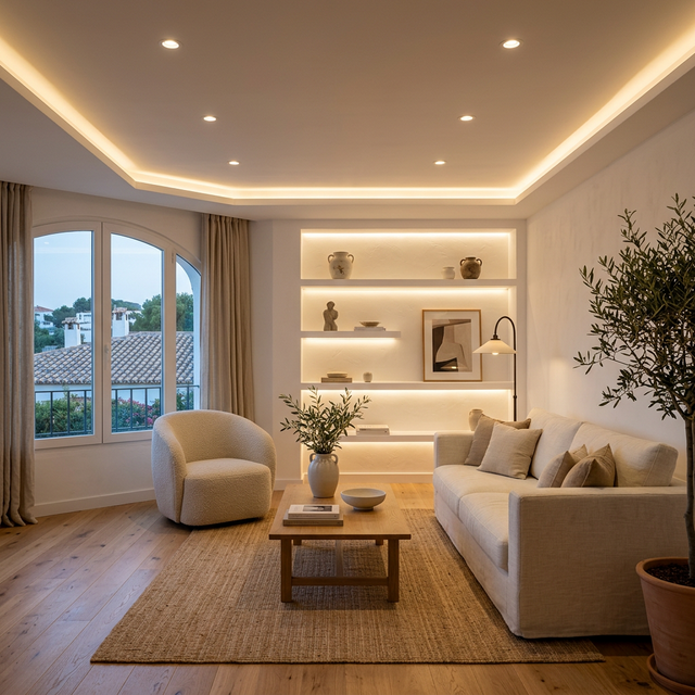 Iluminación LED empotrada en salón moderno reformado en Alicante