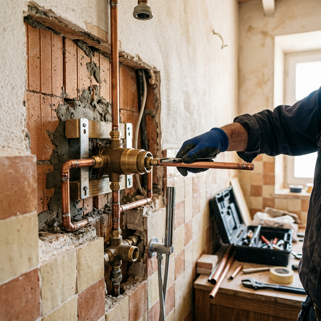 Instalación de grifería termostática empotrada en baño moderno Alicante