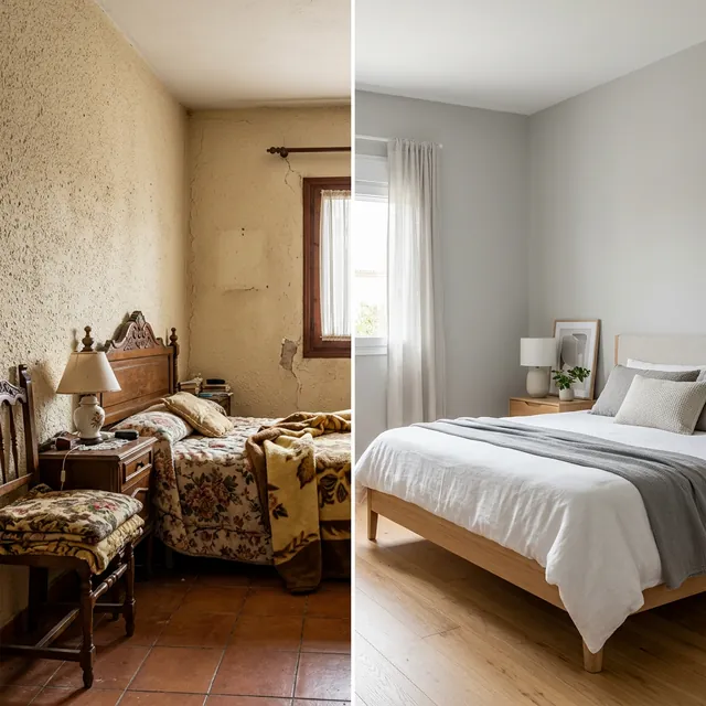 Antes y después de alisar paredes en una habitación de San Juan de Alicante