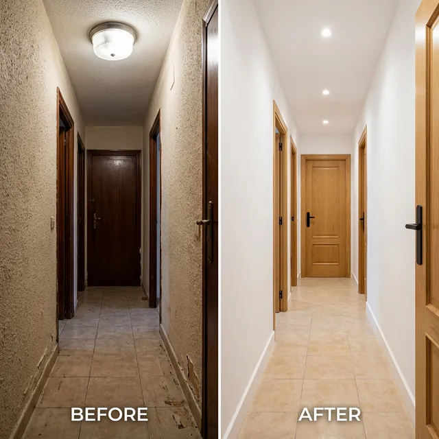 Antes y después de quitar gotelé en un pasillo de El Campello