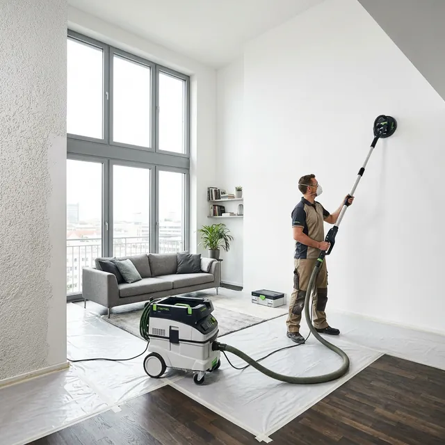 Profesional alisando paredes tras quitar gotelé en un salón de Alicante